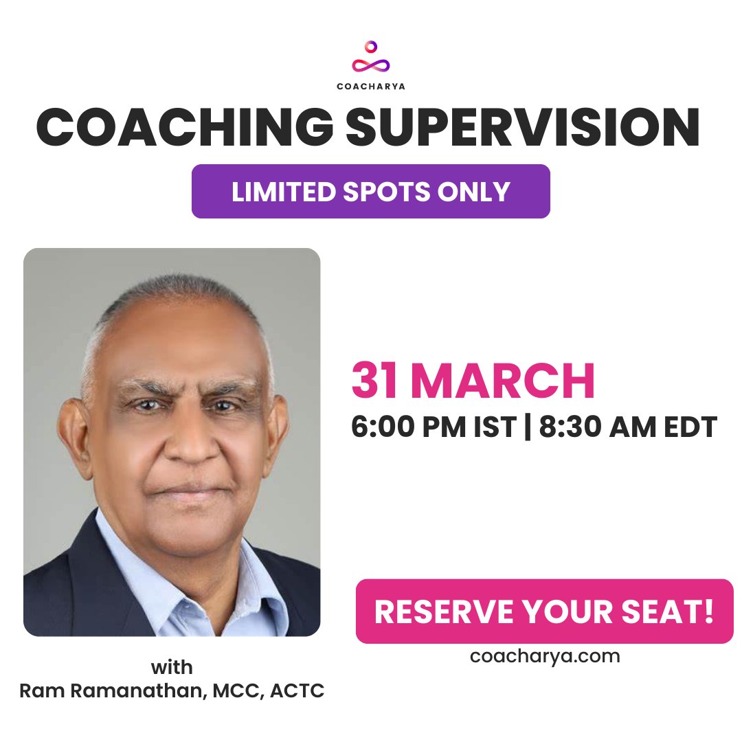 Coacharya's tweet image. Ready to elevate your coaching legacy? ✨

Join Coacharya&apos;s Coaching Supervision program with Ram S. Ramanathan MCC!  Go beyond mentoring &amp;amp; master advanced techniques, spiritual intuition, &amp;amp; systemic insight. 

➡️tinyurl.com/besjntv6

#CoachingSupervision #SystemicCoaching