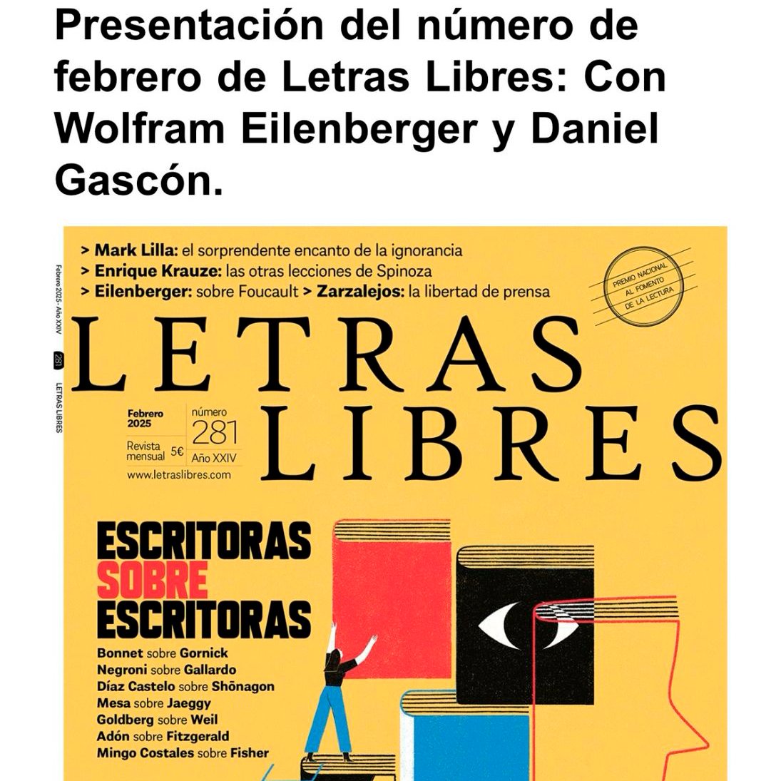 El director de <a href="/Letras_Libres/">Letras Libres</a>, <a href="/gascondaniel/">Daniel Gascón</a>, charlará con <a href="/WEilenberger/">Wolfram Eilenberger</a>, autor de «Espíritus del presente».

🗓️ 23 de febrero
⏰ 13h
📍<a href="/Maria_Pandora/">María Pandora</a>