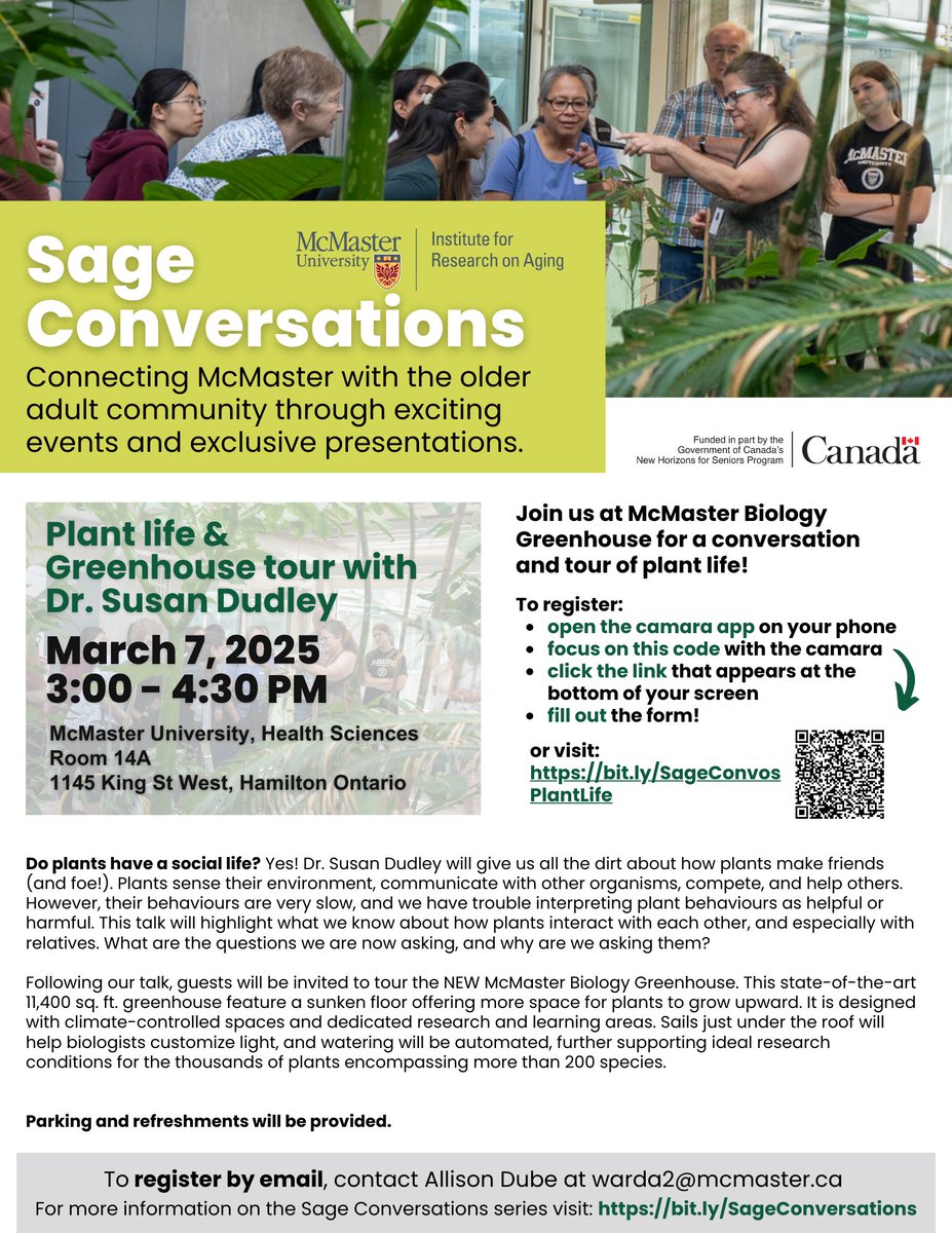 Join us March 7 from 3 - 4:30 for the continuation of our Sage Conversation series! Dr. Susan Dudley will give us all the dirt on how plants make friends (and foe!) followed by a tour of the new McMaster Biology Greenhouse 🌱

Registration: eventbrite.ca/e/sage-convers…