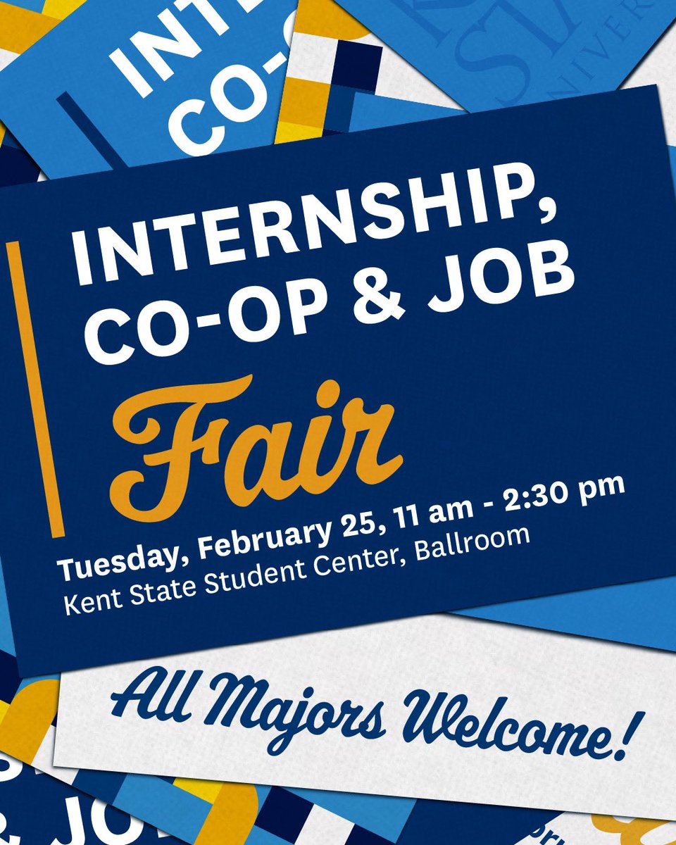 Join us on February 25 from 11 to 2:30 p.m. for the Spring Internship, Co-op, &amp; Job Fair in the Student Center Ballroom. Click the link to register for the event in Handshake!  

app.joinhandshake.com/career_fairs/9…

  
#KentState #KentStateUniversity #CareerFair #Networking #Handshake