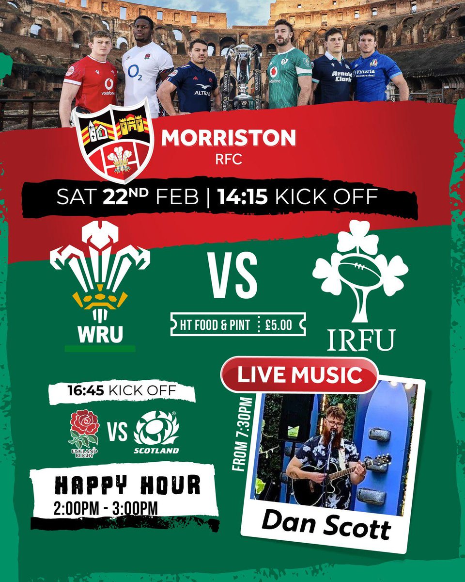 RfcMorriston's tweet image. Can Sherratt turn it around🤔
Come and join a host of experts at the club 👀
Happy hour 2pm-3pm.
Hot food and a pint at half-time #WALvIRL £5.
Live entertainment with Dan Scott from 7:30pm.