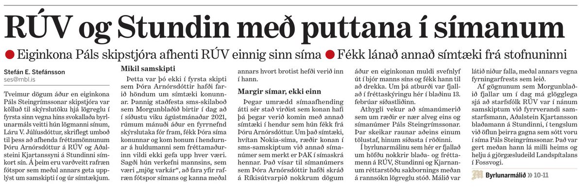 Fréttaskýring ekki-verðlaunablaðamannsins Stefáns Einars um byrlunarmálið í Morgunblaðinu er ótrúleg. Hvernig getur RÚV tengst þessu með svo ógeðfelldum hætti og Stefán Eiríksson útvarpsstjóri komist upp með yfirhylmingu í stað að stofnunin láti rannsaka aðkomu sína?