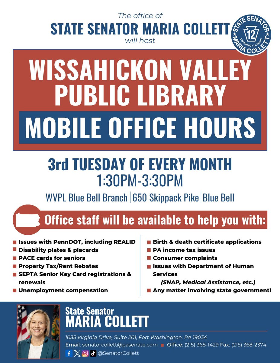 Senator Maria Collett (@senatorcollett) on Twitter photo If you need assistance with state-related matters like:
🚊SEPTA Senior Fare cards
🚗PennDOT paperwork
📋Property Tax/Rent Rebates
and more, visit my team at the <a href="/WVPLPA/">Wissahickon Valley Public Library</a> in Blue Bell this afternoon (1:30PM-3:30PM) for our NEW mobile office hours! No appointment required! 🙂 If you need assistance with state-related matters like:
🚊SEPTA Senior Fare cards
🚗PennDOT paperwork
📋Property Tax/Rent Rebates
and more, visit my team at the <a href="/WVPLPA/">Wissahickon Valley Public Library</a> in Blue Bell this afternoon (1:30PM-3:30PM) for our NEW mobile office hours! No appointment required! 🙂