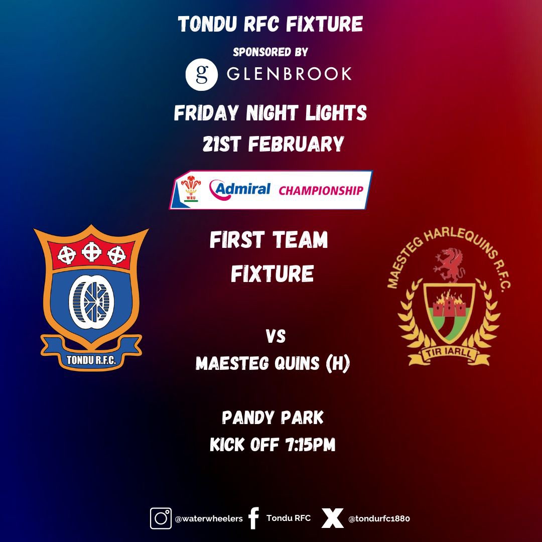 Tondu RFC (@tondurfc1880) on Twitter photo Firsts are back in action this Friday. We host local rivals <a href="/MaestegQuinsRFC/">Maesteg Harlequins β«οΈπ΄</a> #wheelers #ole π΄π΅ Firsts are back in action this Friday. We host local rivals <a href="/MaestegQuinsRFC/">Maesteg Harlequins β«οΈπ΄</a> #wheelers #ole π΄π΅