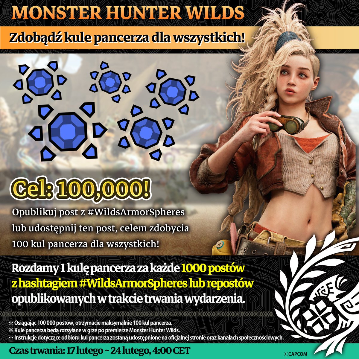 Monster Hunter Polska (@monsterhunterpl) on Twitter photo Łowcy, otrzymaliśmy zadanie od Gemmy! Oto, jak możecie upolować dostawę do 100 kul pancerza dla każdego w dniu premiery. Nieźle, co?
1⃣ Obserwuj <a href="/MonsterHunterPL/">Monster Hunter Polska</a>
2⃣ RT ten post lub opublikuj własny, dodając #WildsArmorSpheres Łowcy, otrzymaliśmy zadanie od Gemmy! Oto, jak możecie upolować dostawę do 100 kul pancerza dla każdego w dniu premiery. Nieźle, co?
1⃣ Obserwuj <a href="/MonsterHunterPL/">Monster Hunter Polska</a>
2⃣ RT ten post lub opublikuj własny, dodając #WildsArmorSpheres