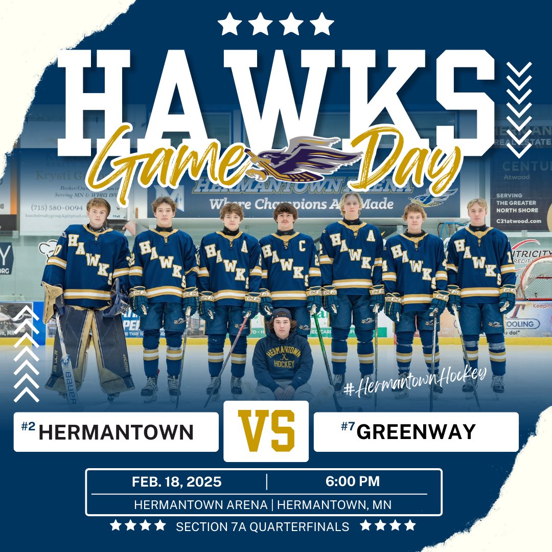 Playoffs start today! Come cheer on the Hawks!!
🚨 GAME DAY! 🚨
🆚 Greenway
📍 Hermantown Arena
⏰ 6pm
🎟️ @ door
📷 Nostalgic Earth