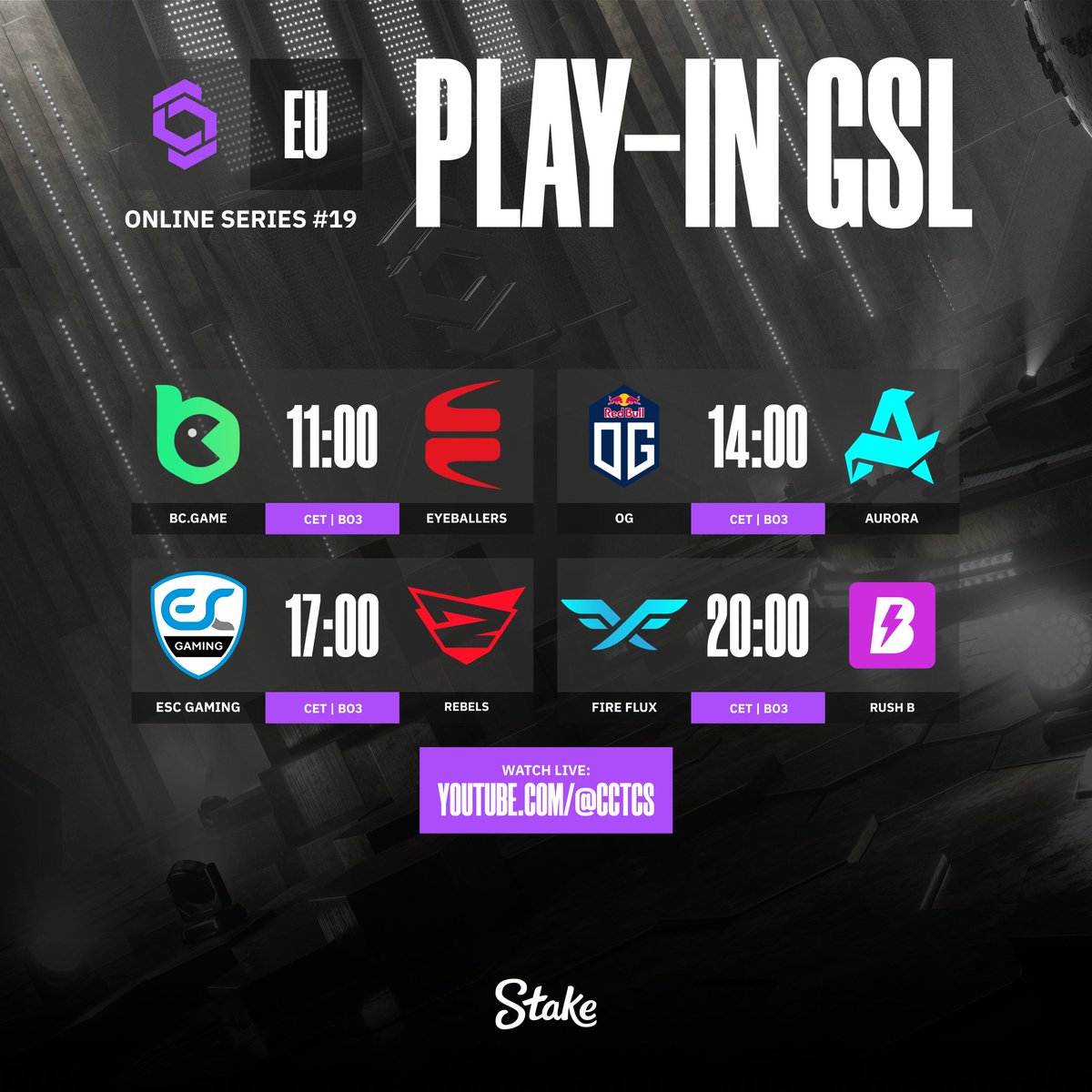 Champion of Champions Tour CS2 (@cct_cs) on Twitter photo 😼😼
🕹️Game 1: <a href="/BCGameEsports/">BC Game Esports</a> vs <a href="/EYEBALLERS/">EYEBALLERS</a>
🕹️Game 2: @OGcsgo vs <a href="/AuroraCS2_GG/">Aurora CS2</a>
🕹️Game 3: <a href="/ESCGaming/">ESC Gaming</a> vs <a href="/RebelsGamingCS2/">Rebels Gaming CS2 ♦️</a>
🕹️Game 4: <a href="/firefluxesports/">Fire Flux Esports</a> vs <a href="/rushb_team/">RUSH B | Team</a> 😼😼
🕹️Game 1: <a href="/BCGameEsports/">BC Game Esports</a> vs <a href="/EYEBALLERS/">EYEBALLERS</a>
🕹️Game 2: @OGcsgo vs <a href="/AuroraCS2_GG/">Aurora CS2</a>
🕹️Game 3: <a href="/ESCGaming/">ESC Gaming</a> vs <a href="/RebelsGamingCS2/">Rebels Gaming CS2 ♦️</a>
🕹️Game 4: <a href="/firefluxesports/">Fire Flux Esports</a> vs <a href="/rushb_team/">RUSH B | Team</a>