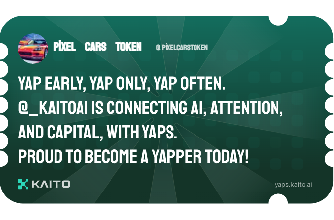 Pixelcarstoken's tweet photo. Yap early, yap only, yap often.

@KaitoAI is connecting AI, attention and capital with Yaps.

Just claimed my social card and I'm accumulating Yap points in real-time.

Claim yours 👉 https://t.co/M3wTsJscWk https://t.co/iacYUQW1Z0