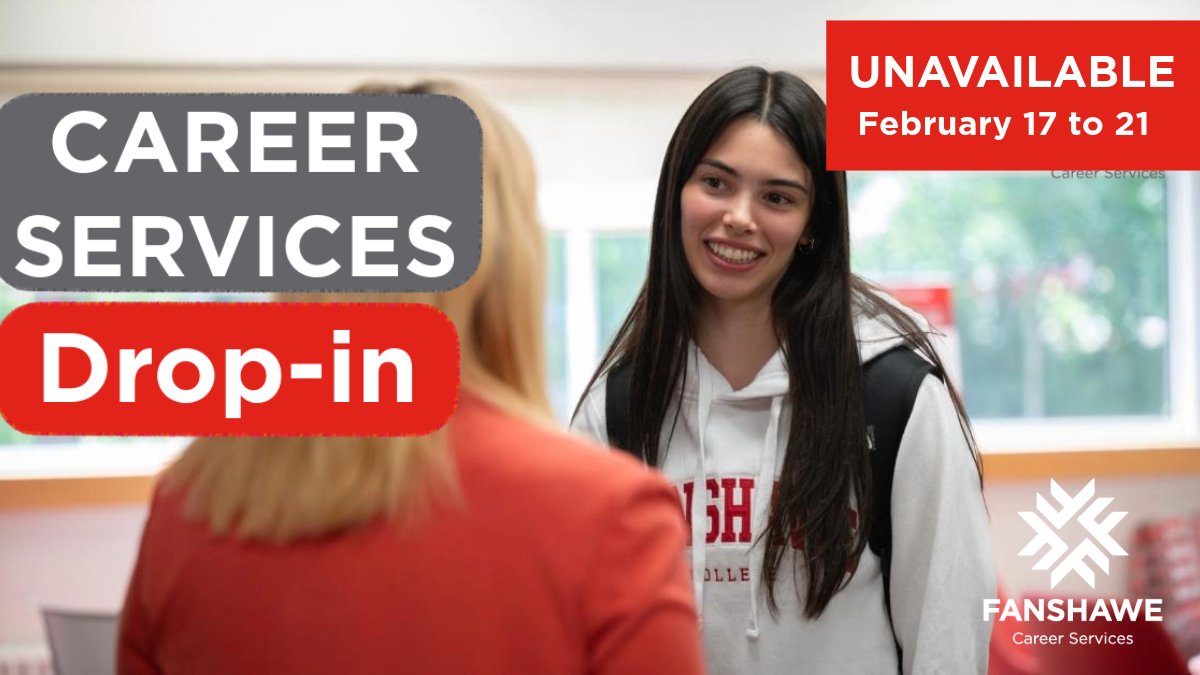 FanshaweCS's tweet image. Career Services Drop-in will be unavailable February 17 to 21. 

Drop-in services will resume on February 24 in our new temporary location, Room F1043 (Leap Junction) at the London Campus. Visit us there February 24 to 28 from 10 a.m. to 12 p.m. or 1 to 3 p.m.

#FanshaweCS