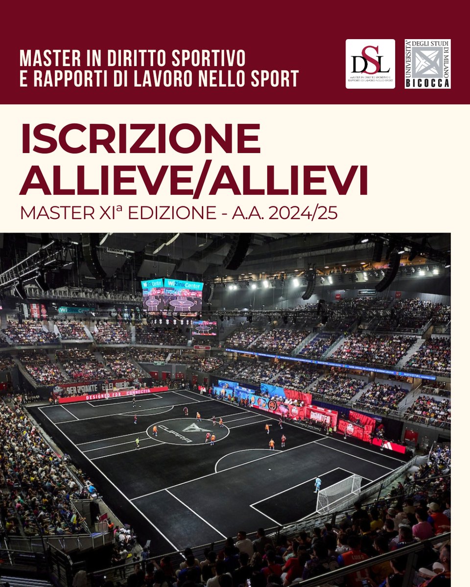 Master Diritto Sport (@masterdsl) on Twitter photo Il Master prevede lezioni erogate in aula, online e lo stage obbligatorio.
✔ Posti disponibili: 30
✔ CFU rilasciati: 60
✔ Durata del Master: Dal 09.05.25 al 31.05.26
linktr.ee/masterdirittos…
<a href="/TizianaVettor/">Tiziana Vettor</a>
<a href="/unimib/">Università degli Studi di Milano-Bicocca</a> Il Master prevede lezioni erogate in aula, online e lo stage obbligatorio.
✔ Posti disponibili: 30
✔ CFU rilasciati: 60
✔ Durata del Master: Dal 09.05.25 al 31.05.26
linktr.ee/masterdirittos…
<a href="/TizianaVettor/">Tiziana Vettor</a>
<a href="/unimib/">Università degli Studi di Milano-Bicocca</a>