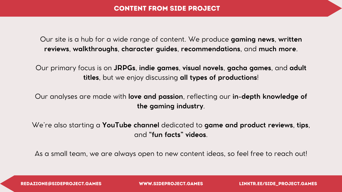 SideProjectG's tweet image. Hello! We are Side Project, a small group of friends passionate about video games. We enjoy exploring various genres of games, including AAA, indie, VN, and adult content.

To learn more about us, visit our website. If you enjoy our content, please share it 💖

⬇️Our Social⬇️