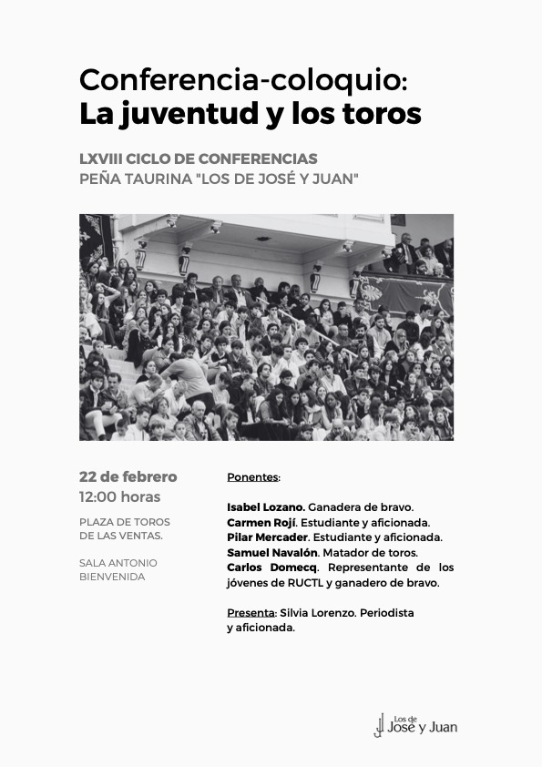Los de José y Juan (@losdejoseyjuan) on Twitter photo 🟢Conferencia y coloquio. «La juventud y los toros»
📍Sábado 22 de febrero a las 12:00h.
✅Entrada gratuita hasta completar aforo.
Sala Antonio Bienvenida. Plaza de toros de Las Ventas.
#Toros #Tauromaquia
<a href="/LasVentas/">Plaza de Las Ventas</a> 🟢Conferencia y coloquio. «La juventud y los toros»
📍Sábado 22 de febrero a las 12:00h.
✅Entrada gratuita hasta completar aforo.
Sala Antonio Bienvenida. Plaza de toros de Las Ventas.
#Toros #Tauromaquia
<a href="/LasVentas/">Plaza de Las Ventas</a>