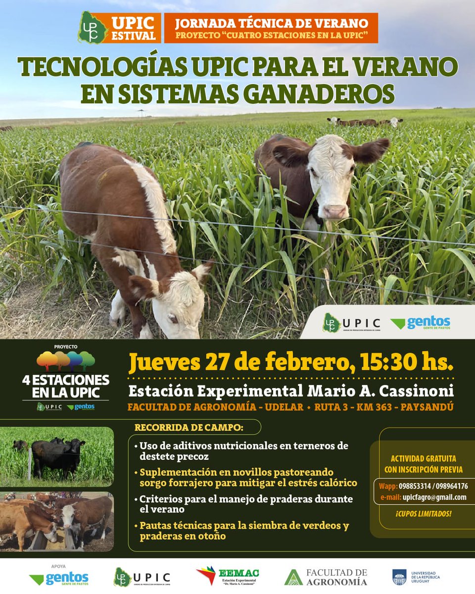 Se viene la primera actividad técnica del año: Jornada estival UPIC

📅27/2
⌚️15:30
📍EEMAC - <a href="/FagroUdelar/">Facultad Agronomía</a> 
👩‍🌾👨‍🌾Para productores y técnicos
Apoya @gentos_uy
Sin costo. Inscripción obligatoria (ver afiche).
🫴¡La EEMAC te espera!

Leé más: portal.fagro.edu.uy/jornada-tecnol…