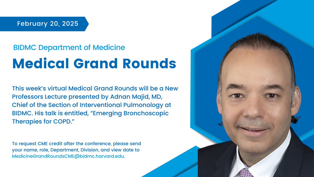 BIDMC Department of Medicine (@bidmc_medicine) on Twitter photo This week’s Medical Grand Rounds will be a New Professors Lecture presented by Dr. Adnan Majid, Chief of the Section of Interventional Pulmonology, who will deliver his talk in honor of his promotion to Professor of Medicine at <a href="/harvardmed/">Harvard Medical School</a>. Join us!
📅 February 20
🕖 8am This week’s Medical Grand Rounds will be a New Professors Lecture presented by Dr. Adnan Majid, Chief of the Section of Interventional Pulmonology, who will deliver his talk in honor of his promotion to Professor of Medicine at <a href="/harvardmed/">Harvard Medical School</a>. Join us!
📅 February 20
🕖 8am