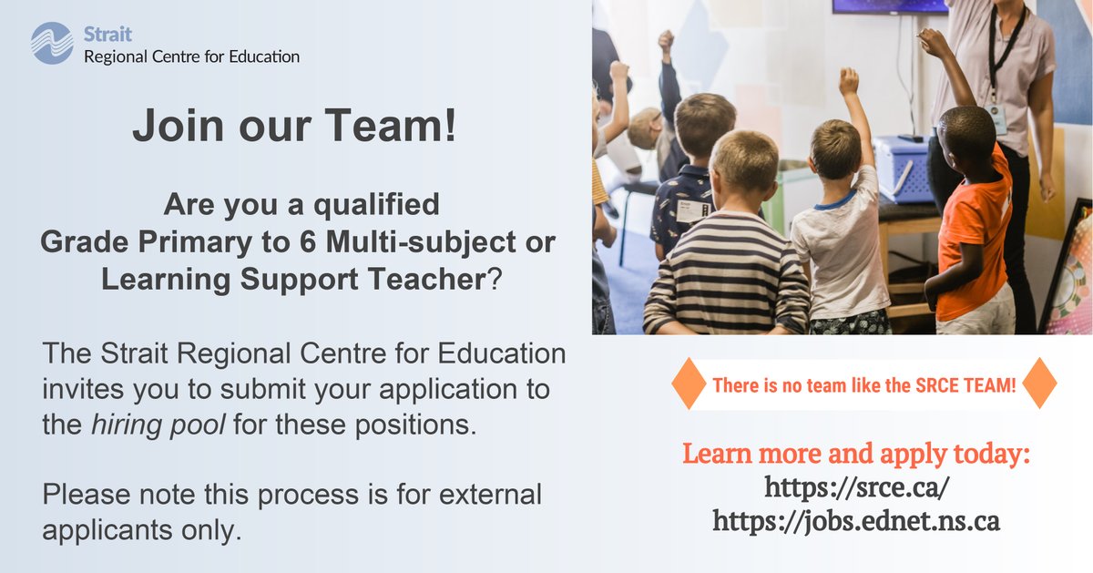 SRCE_NS's tweet photo. Are you a qualified Grade Primary to Six or Learning Support Teacher?

The #SRCE invites you to submit your application for consideration as part of our hiring pool process for external postings.

Learn more at this link: https://t.co/gyrepfxFfq

#ThereIsNoTeamLikeTheSRCETeam https://t.co/cEfniZXecy