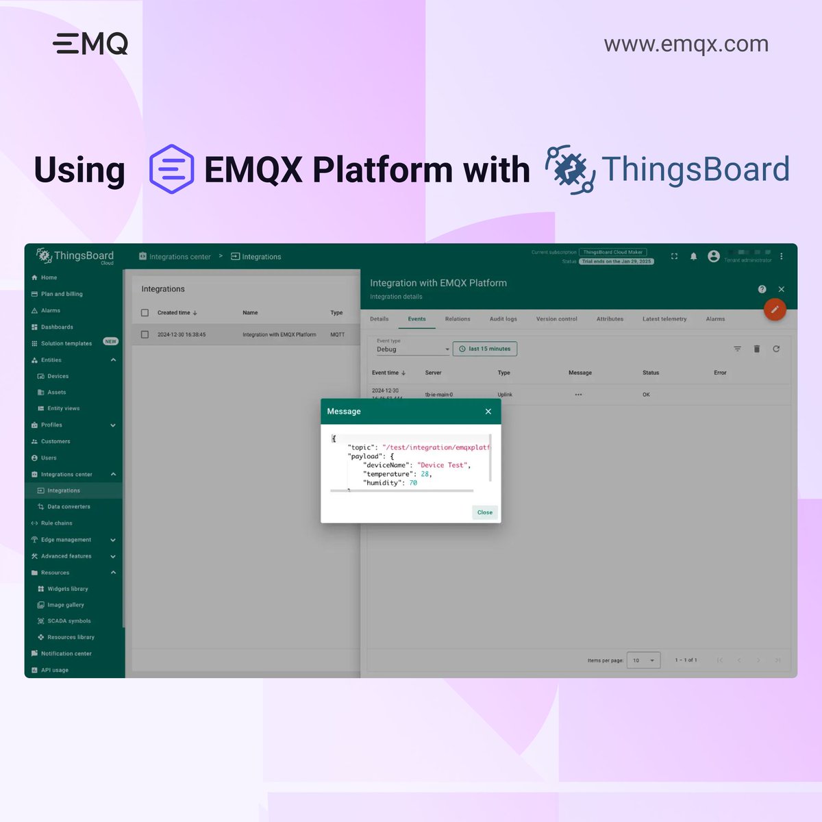 EMQTech's tweet photo. Follow our guide on using EMQX Platform with ThingsBoard:
1- Configure #MQTT integration from #EMQX to #ThingsBoard
2- Map data via Data Converters
3- Visualize with ThingsBoard dashboards
➡️ Code example: https://t.co/bs2BDPb1td https://t.co/hj05SkQGE2