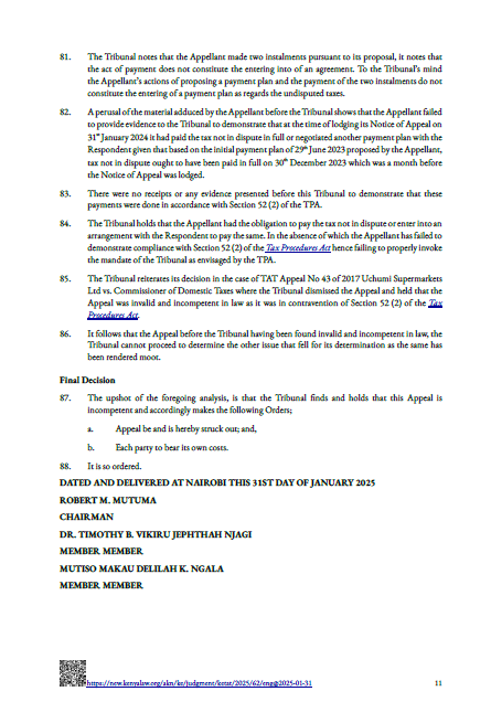 Taxpayers must settle undisputed tax amounts or negotiate a payment plan before lodging an appeal as required under Section 52(2) of the Tax Procedures Act (TPA)
new.kenyalaw.org/akn/ke/judgmen…