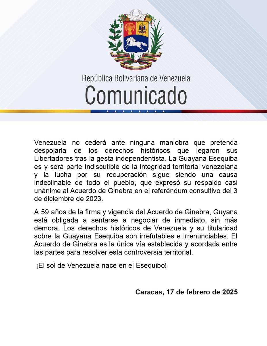 #Comunicado | La República Bolivariana de Venezuela celebra el 59 Aniversario de la Firma del “Acuerdo para Resolver la Controversia entre Venezuela y el Reino Unido de Gran Bretaña e Irlanda del Norte sobre la frontera entre Venezuela y Guayana Británica”