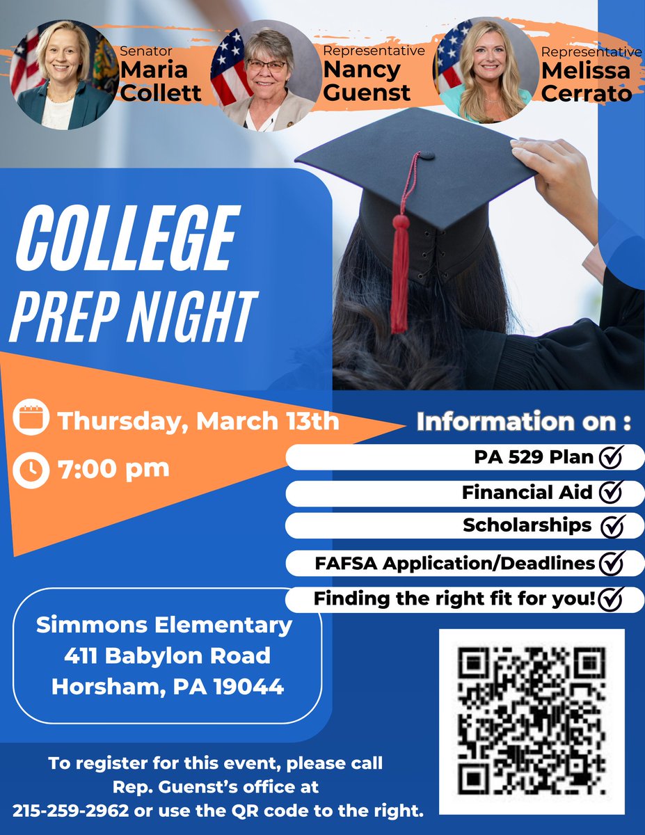 Senator Maria Collett (@senatorcollett) on Twitter photo Don't miss College Prep Night on 3/13! I'm excited to host this event w/ <a href="/RepCerrato/">Rep. Melissa Cerrato</a>, <a href="/RepGuenst/">Rep. Nancy Guenst</a>, <a href="/PHEAAaid/">PHEAA Financial Aid</a> & <a href="/PATreasurer/">PA Treasurer Stacy Garrity</a> to make sure students & their families have support while navigating finances and higher education.
Register at pahouse.com/Guenst or 215-259-2962! Don't miss College Prep Night on 3/13! I'm excited to host this event w/ <a href="/RepCerrato/">Rep. Melissa Cerrato</a>, <a href="/RepGuenst/">Rep. Nancy Guenst</a>, <a href="/PHEAAaid/">PHEAA Financial Aid</a> & <a href="/PATreasurer/">PA Treasurer Stacy Garrity</a> to make sure students & their families have support while navigating finances and higher education.
Register at pahouse.com/Guenst or 215-259-2962!