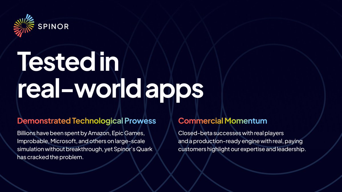 Why trust Spinor technology?

✅ Battle-tested in real-world applications, including:

• Big Tech ( <a href="/awscloud/">Amazon Web Services</a>, <a href="/Microsoft/">Microsoft</a>)
• Gaming ( <a href="/EpicGames/">Epic Games Store</a>, <a href="/unitygames/">Unity for Games</a>, <a href="/Xsolla/">Xsolla</a>)
• Decentralised Infra ( <a href="/AethirCloud/">Aethir</a>, <a href="/YOM_Official/">YOM</a>, <a href="/Immutable/">Immutable</a>)

Join us in building the infrastructure that