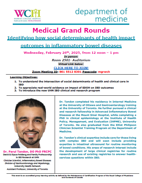 Please join us on Wednesday, February 26th at 12 noon with Dr. Parul Tandon on "Identifying how social determinants of health impact outcomes in inflammatory bowel diseases!"