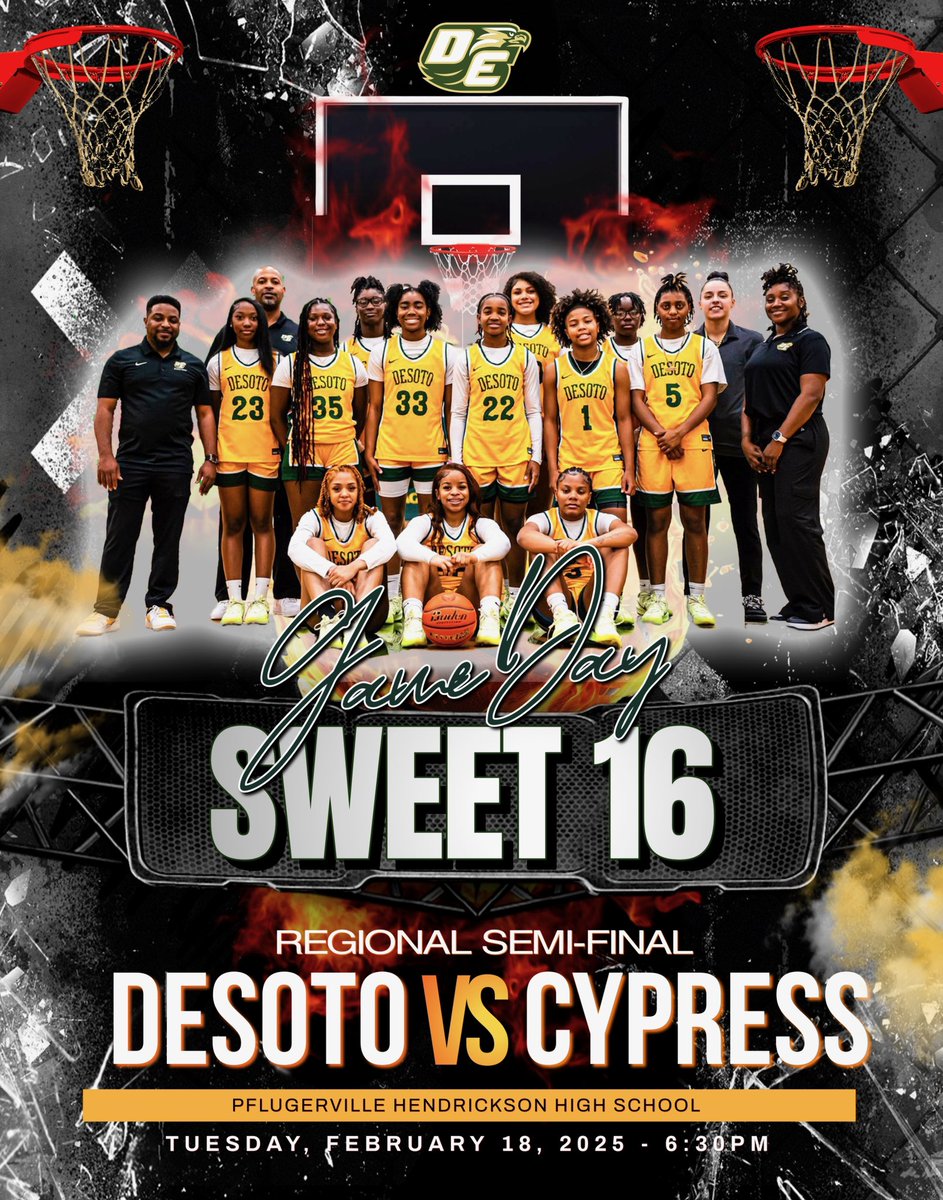 DesotoLadyEaglesGBB (@desotogbb75115) on Twitter photo G A M E D A Y
Regional Semi-Finals
#BendDontBreak
🆚Cy-Springs HS
⏰6:30PM
📍Hendrickson HS
🎟️ pfisd.hometownticketing.com/embed/all?scho…
<a href="/usamahrodgers/">Dr. Usamah Rodgers</a> <a href="/desotoisdeagles/">DeSoto ISD</a> <a href="/ChatmanJeffery/">Jeffery Chatman</a> <a href="/coachriiley/">The one and only Andrea Riley</a> <a href="/brusshoops32/">Brian Russell</a> <a href="/yungram_/">amber ramirez</a> <a href="/rachellproctor/">Rachel L. Proctor</a> <a href="/FootballDesoto/">DeSoto Football</a> <a href="/leffty2raw/">Ava Womack</a> <a href="/iloveerenn_/">Serenity</a> <a href="/S_Chloo/">Chloe Stigler</a> G A M E D A Y
Regional Semi-Finals
#BendDontBreak
🆚Cy-Springs HS
⏰6:30PM
📍Hendrickson HS
🎟️ pfisd.hometownticketing.com/embed/all?scho…
<a href="/usamahrodgers/">Dr. Usamah Rodgers</a> <a href="/desotoisdeagles/">DeSoto ISD</a> <a href="/ChatmanJeffery/">Jeffery Chatman</a> <a href="/coachriiley/">The one and only Andrea Riley</a> <a href="/brusshoops32/">Brian Russell</a> <a href="/yungram_/">amber ramirez</a> <a href="/rachellproctor/">Rachel L. Proctor</a> <a href="/FootballDesoto/">DeSoto Football</a> <a href="/leffty2raw/">Ava Womack</a> <a href="/iloveerenn_/">Serenity</a> <a href="/S_Chloo/">Chloe Stigler</a>