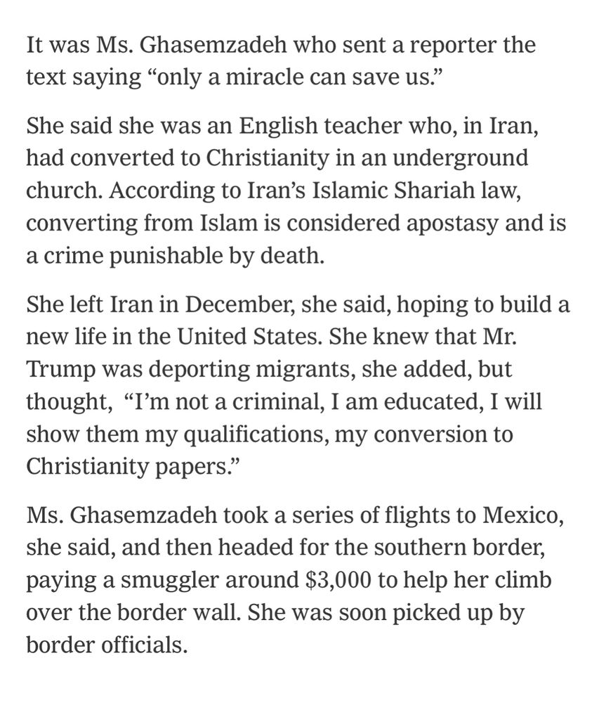 jackmjenkins's tweet photo. Per this @nytimes story, among those deported by the Trump administration is Artemis Ghasemzadeh, an Iranian convert to Christianity.

If returned to Iran, she could face the death penalty for her conversion. https://t.co/TZ8Layt2BU