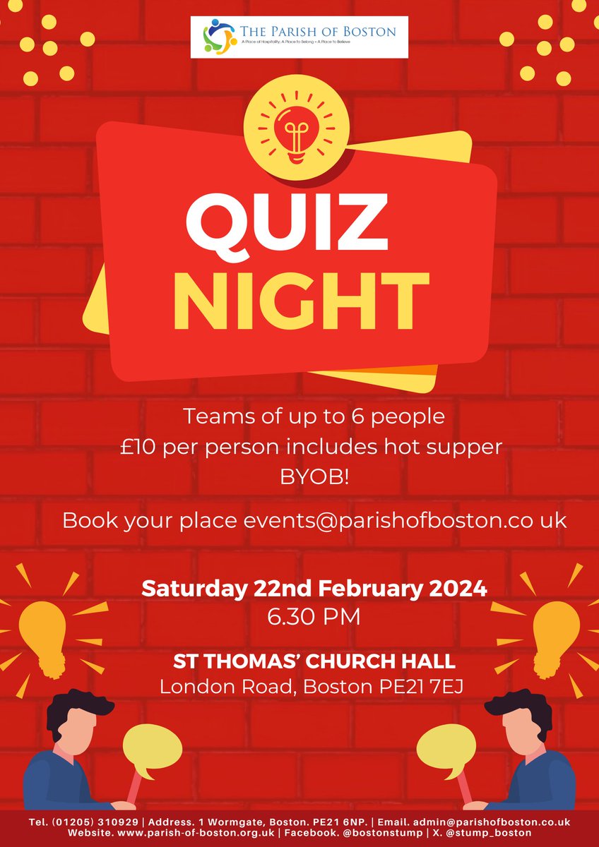We have just 2 tables remaining for our Parish Quiz on Saturday night! A hot supper is included in the entry fee. Bring your own bottle (...and glasses!) for a super night at St Thomas' Church Hall.

There will also be a raffle on the night too!