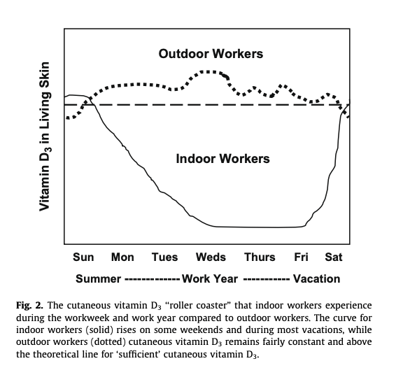 Move your desk OUTSIDE.

Vitamin D is made by 280-320 nm UVB light which is only available from 11 AM - 3 PM in most places.

Indoor workers are at a higher risk of vitamin D deficiency, especially during the workweek unless they compensate through deliberate mid-day sun exposure