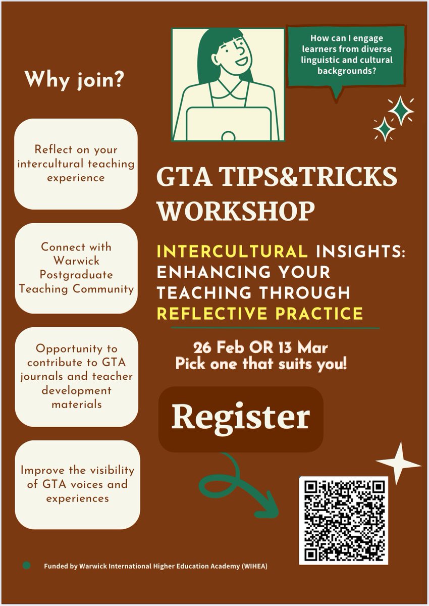 Warwick Postgraduate Teaching Community (@warwickptc) on Twitter photo Join our GTA Tips&Tricks Workshop "Intercultural Insights: Enhancing Your Teaching through Reflective Practice"
🔹Receive more info forms.office.com/e/3v4pH24BLB
🔹Opportunity to publish and present your GTA insights 🔹Connect with <a href="/WarwickPTC/">Warwick Postgraduate Teaching Community</a> <a href="/WIHEAconnect/">Warwick International Higher Education Academy</a>
🔹Enjoy refreshments! Join our GTA Tips&Tricks Workshop "Intercultural Insights: Enhancing Your Teaching through Reflective Practice"
🔹Receive more info forms.office.com/e/3v4pH24BLB
🔹Opportunity to publish and present your GTA insights 🔹Connect with <a href="/WarwickPTC/">Warwick Postgraduate Teaching Community</a> <a href="/WIHEAconnect/">Warwick International Higher Education Academy</a>
🔹Enjoy refreshments!