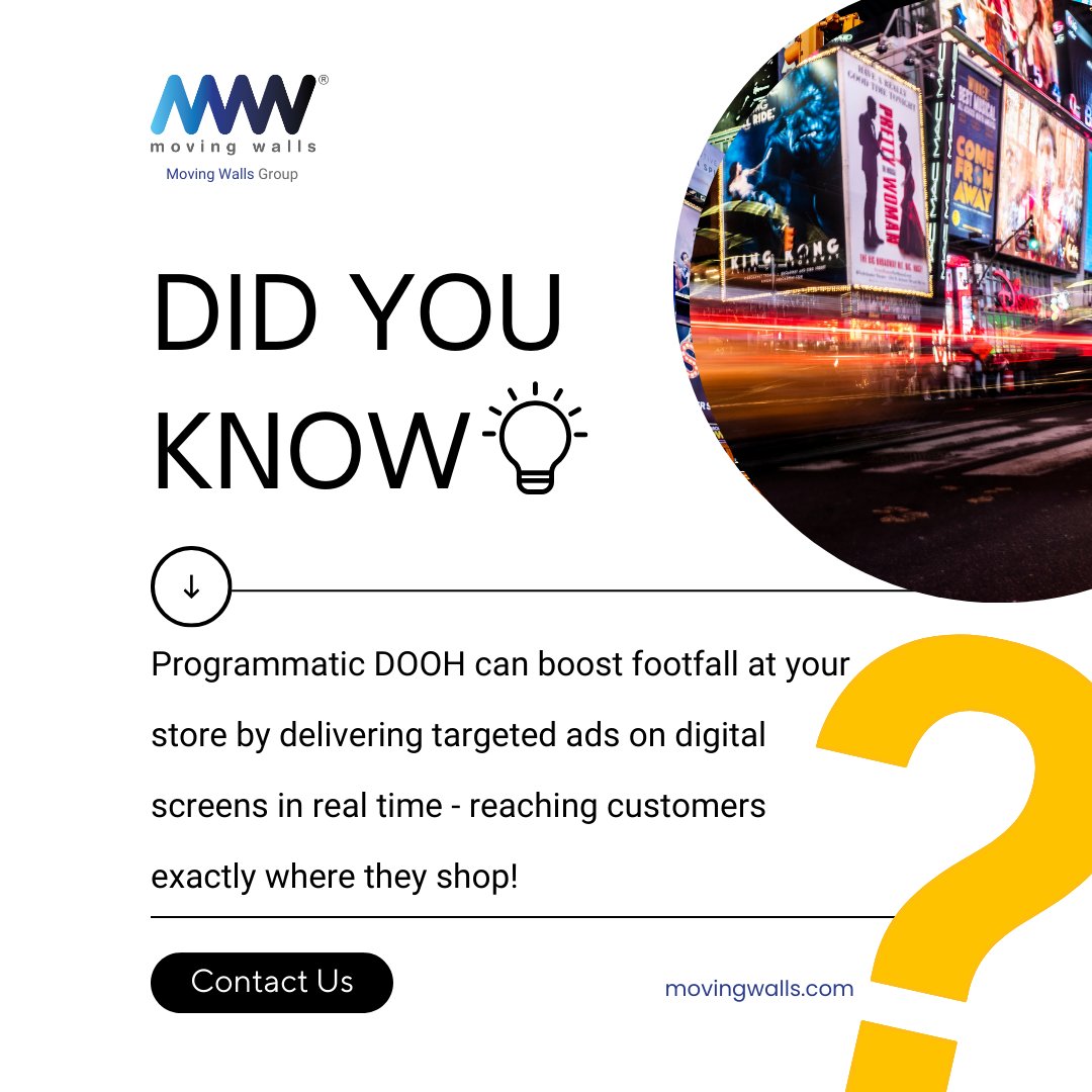 movingwalls's tweet image. Want to drive more customers to your store?

Programmatic DOOH delivers targeted ads in real time, placing your brand in front of shoppers at the right moment.

📩 Contact us today!

#ProgrammaticDOOH #RetailAdvertising #DigitalOutOfHome #CustomerEngagement #NoBoundaries