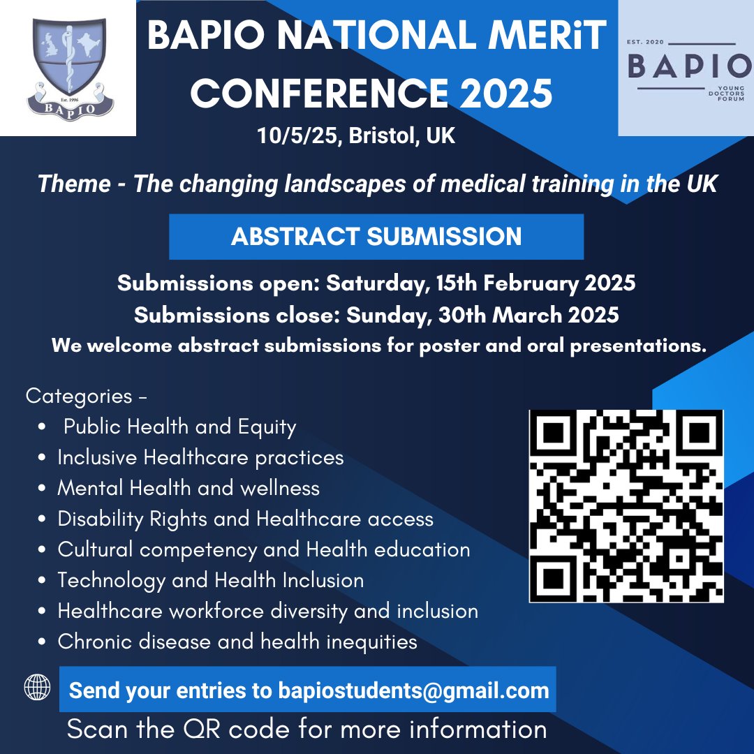 BAPIO (@bapiouk) on Twitter photo Calling all medical students & junior doctors
Annual BAPIO Young Doctors Forum National Merit Conference 2025
🌍The Changing Landscapes of Medical Training in the UK
📍Bristol
📅10/5/25
Abstract submissions NOW OPEN!
Submit your entries to bapiostudents@gmail.com Calling all medical students & junior doctors
Annual BAPIO Young Doctors Forum National Merit Conference 2025
🌍The Changing Landscapes of Medical Training in the UK
📍Bristol
📅10/5/25
Abstract submissions NOW OPEN!
Submit your entries to bapiostudents@gmail.com