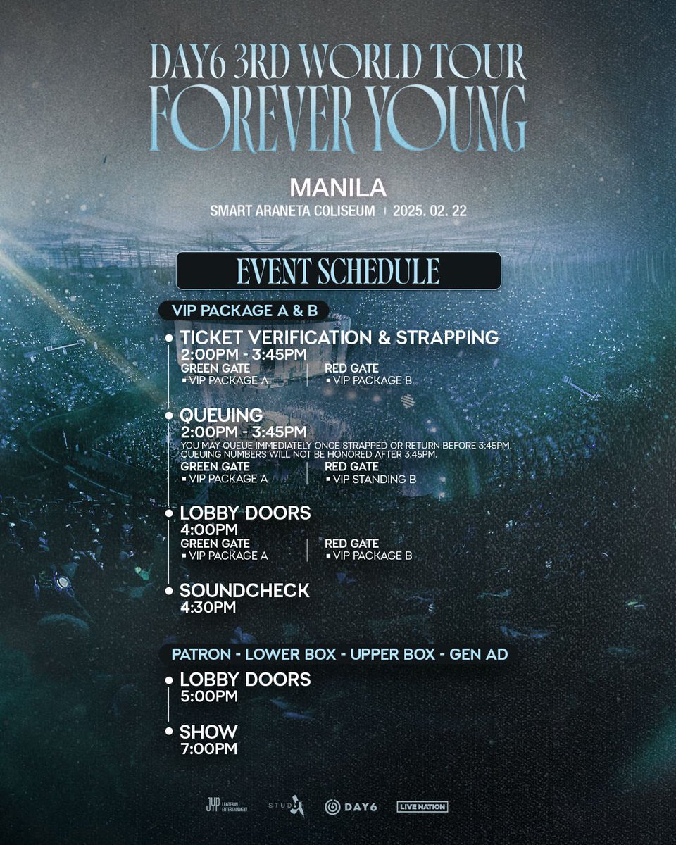 livenationph's tweet image. My Day, are you ready for DAY6 3RD WORLD TOUR &amp;lt;FOREVER YOUNG&amp;gt; in MANILA? Get ready for the concert by checking the event schedule and venue map before concert day.

Queuing link: day6manila2025.ticketnet.com.ph

#DAY6 #데이식스 
#DAY6_3RD_WORLDTOUR 
#FOREVER_YOUNG 
#Band_Aid 
#녹아내려요