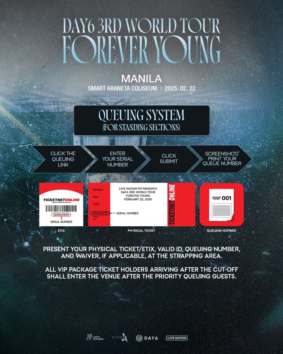 livenationph's tweet image. My Day, are you ready for DAY6 3RD WORLD TOUR &amp;lt;FOREVER YOUNG&amp;gt; in MANILA? Get ready for the concert by checking the event schedule and venue map before concert day.

Queuing link: day6manila2025.ticketnet.com.ph

#DAY6 #데이식스 
#DAY6_3RD_WORLDTOUR 
#FOREVER_YOUNG 
#Band_Aid 
#녹아내려요