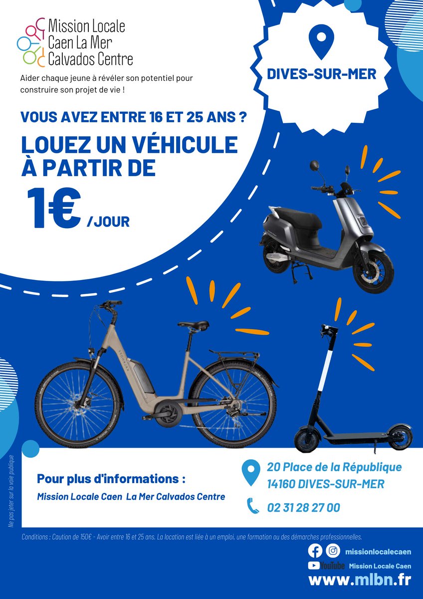 📣#infopratique

Vous avez entre 16 et 25 ans et cherchez une solution pour vous déplacer facilement ? 

La Mission Locale vous propose la location à 1€/jour de :

🔋 Scooters électriques
🚲 Vélos à assistance électrique
🛴 Trottinettes électriques

Plus d'infos ici 👇️