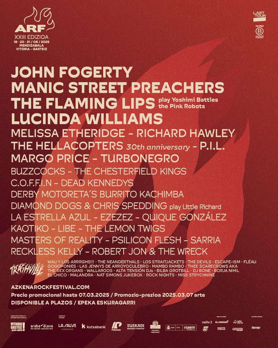 🔥 #Azkenarockfestival 🔥
19•20•21 /06 /2025
Precio Promocional hasta 07•03•2025 
Disponible a Plazos / Epeka Eskuragarri 
Tickets azkenarockfestival.com
