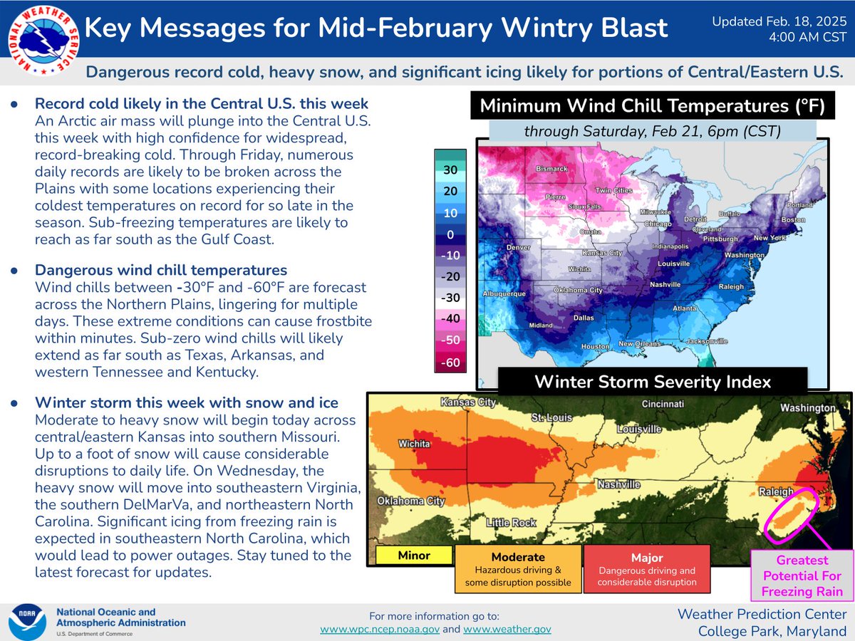 Here are the latest Key Messages for the mid-February wintry blast that will bring record cold and dangerous wind chills to much of the central U.S. this week as a winter storm moves east from the central Plains to parts of the Mid-Atlantic and Southeast.