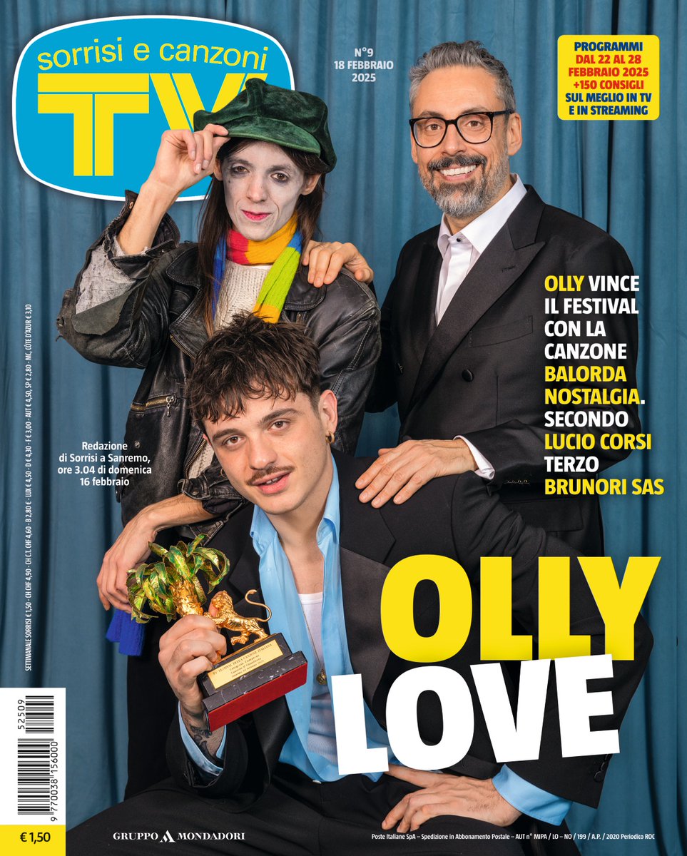 Tv Sorrisi e Canzoni (@tvsorrisi) on Twitter photo 📍 Redazione Sorrisi | ore 3:00
La nuova copertina della settimana è dedicata al podio sanremese con <a href="/olly_nclusive/">Olly 🌊</a>, <a href="/luciocorsi/">Lucio Corsi</a> e <a href="/BrunoriSas/">Brunori Sas</a> ✨
Vi aspettiamo in edicola!
#tvsorrisi #Sanremo2025 📍 Redazione Sorrisi | ore 3:00
La nuova copertina della settimana è dedicata al podio sanremese con <a href="/olly_nclusive/">Olly 🌊</a>, <a href="/luciocorsi/">Lucio Corsi</a> e <a href="/BrunoriSas/">Brunori Sas</a> ✨
Vi aspettiamo in edicola!
#tvsorrisi #Sanremo2025