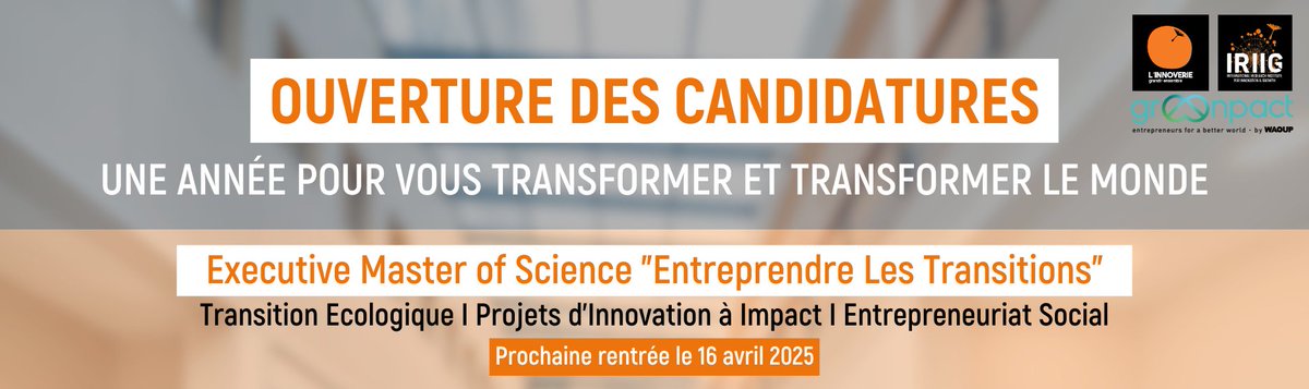 📢 Ouverture de l'Executive Master of Science « Entreprendre les Transitions »

Un programme d’excellence conçu pour façonner les acteurs du changement.

En savoir plus  ➡️  hubs.li/Q0373Sdd0
Ou réunion d’information online le 20 février à 18h30 ➡️  hubs.li/Q03748F50