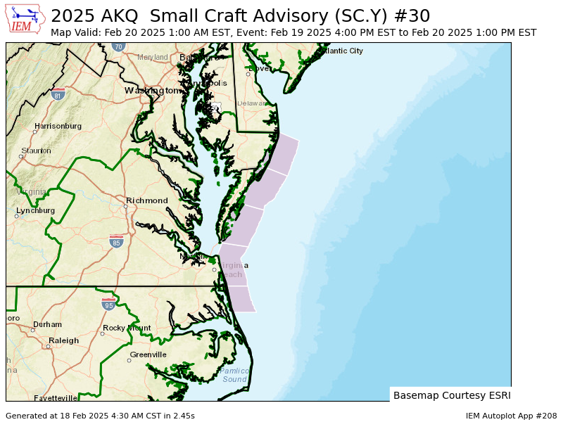 MarylandWx's tweet photo. AKQ issues Small Craft Advisory valid at Feb 20, 1:00 AM EST for Coastal waters from Chincoteague to Parramore Island VA out 20 nm, Coastal waters from Fenwick Island DE to Chincoteague VA out 20 nm [AN] till Feb 20, 1:00 PM EST https://t.co/NGJf4Mqj0I https://t.co/aUbOwNibZk