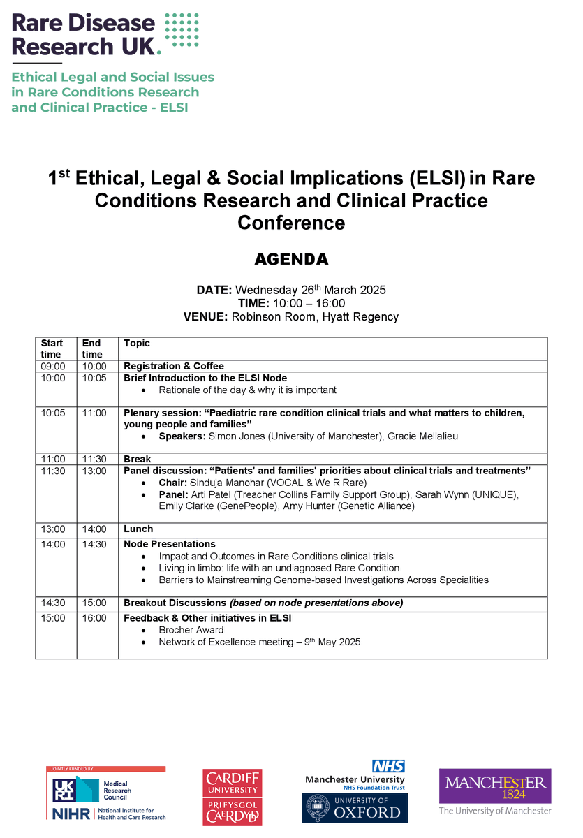 ELSI - Rare Disease Research UK (@rdruk_elsi) on Twitter photo 📢 Exciting news! The 1st ELSI Conference is just around the corner!
🗓 26th March 2025
📍 Hyatt Regency, Manchester
🎟 Secure your FREE spot now: buytickets.at/rdrukepigenrar…
🌟More information about the event can be found through the registration link above
<a href="/RDRUKHub/">Rare Disease Research UK</a> 📢 Exciting news! The 1st ELSI Conference is just around the corner!
🗓 26th March 2025
📍 Hyatt Regency, Manchester
🎟 Secure your FREE spot now: buytickets.at/rdrukepigenrar…
🌟More information about the event can be found through the registration link above
<a href="/RDRUKHub/">Rare Disease Research UK</a>