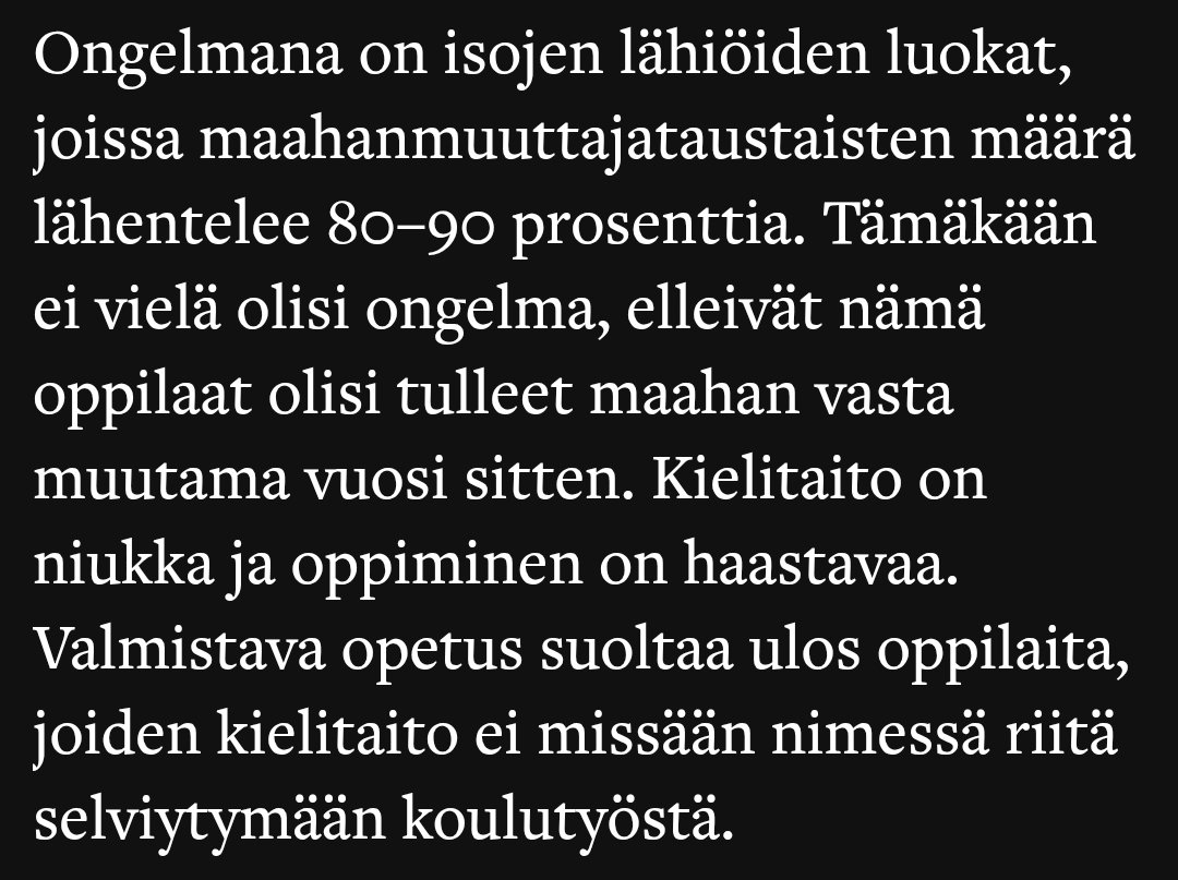 "Ongelmana on isojen lähiöiden luokat, joissa maahanmuuttajataustaisten määrä lähentelee 80–90 prosenttia."

Asuntopol ei enää riitä. Koulupiirijaot saatava muuttuviksi väestön mukaan. Muutoin kaikki, myös hyväosaiset kantasuomalaiset, kärsivät. 

ts.fi/lukijoilta/657…
