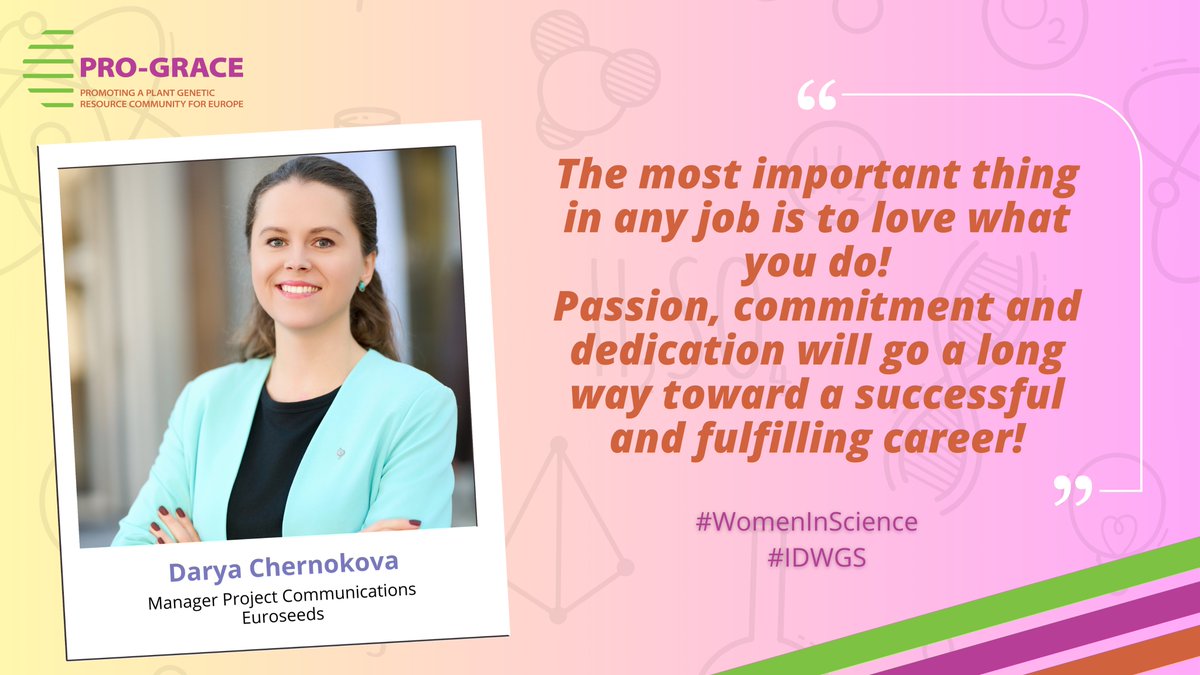 👩‍🔬 PRO-GRACE #WomenInScience 

🤩Darya Chernokova, Manager Project Communications at <a href="/EuroseedsEU/">Euroseeds</a>, is proud that through her involvement in the research projects, she contributes to fostering innovation &amp; sustainability in agriculture.

ℹ️linkedin.com/feed/update/ur…

#IDWGS