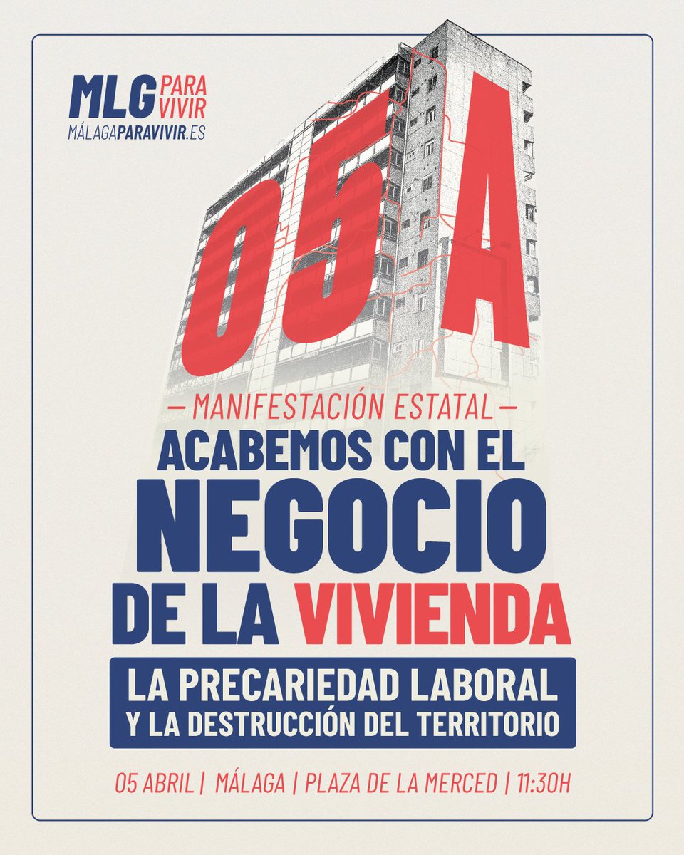 Ciudades de todo el estado nos hemos coordinado para manifestarnos el 5 de abrirl.

¡ACABEMOS CON EL NEGOCIO DE LA VIVIENDA, la precariedad laboral y la destrucción del territorio!

Salimos el 5A desde la Plz de la Merced a las 11.30h

malagaparavivir.es

#HaciaEl5A