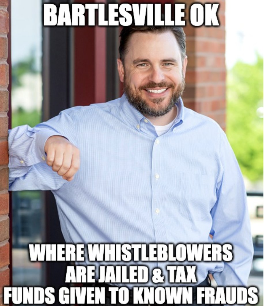 Michael (@leahcimnoslen) on Twitter photo Bartlesville, Oklahoma, where City Manager Michael Bailey would rather JAIL a whistleblower(s) than investigate Fraud, Waste & Abuse reported to him!
archive.ph/VUgZg
End the Public Corruption <a href="/DOGE/">Department of Government Efficiency</a>
Stop Political Corruption #CorruptionExposed #pricetower #Bartlesville Bartlesville, Oklahoma, where City Manager Michael Bailey would rather JAIL a whistleblower(s) than investigate Fraud, Waste & Abuse reported to him!
archive.ph/VUgZg
End the Public Corruption <a href="/DOGE/">Department of Government Efficiency</a>
Stop Political Corruption #CorruptionExposed #pricetower #Bartlesville