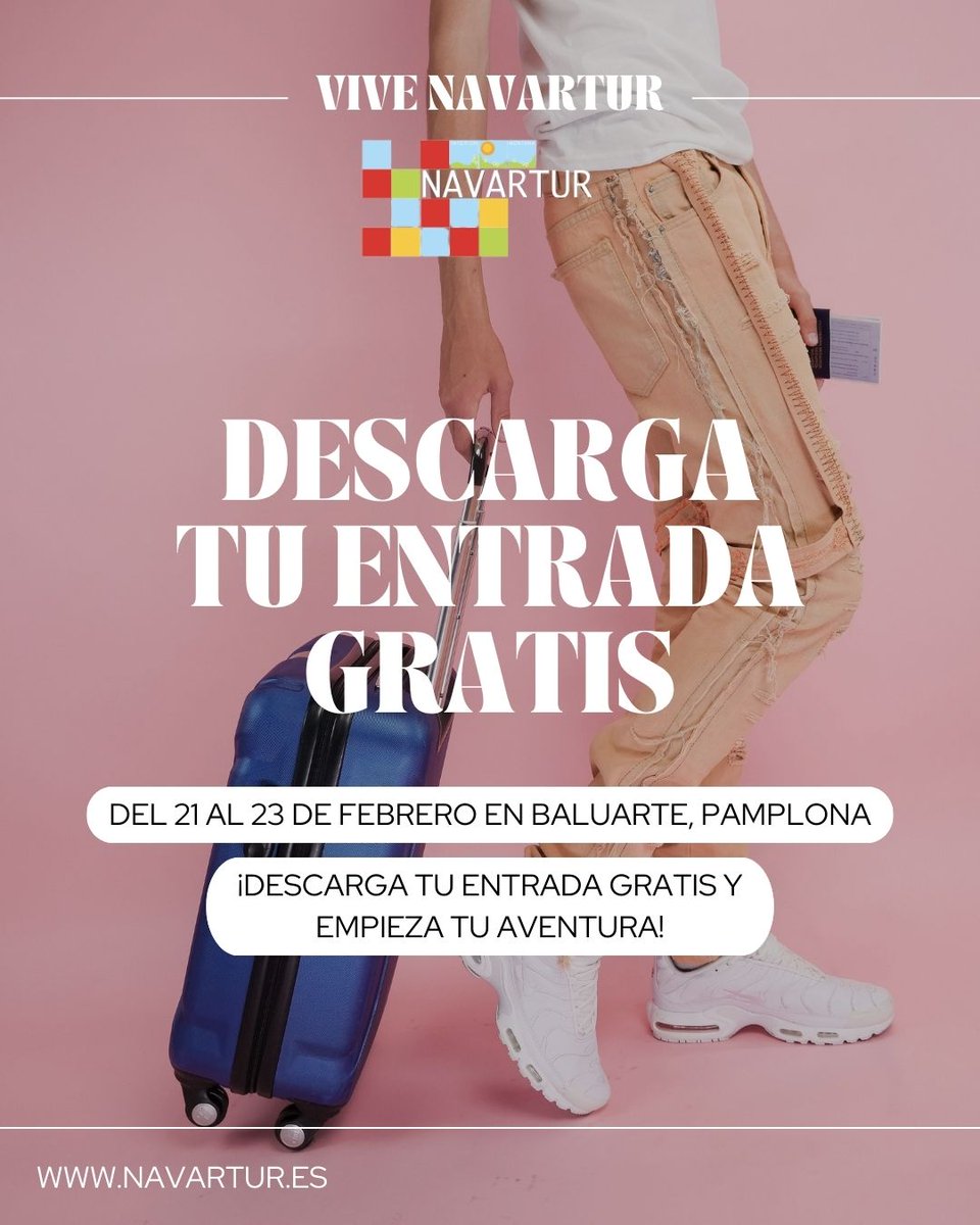 ✈️ ¡La cuenta atrás empieza!#Navartur2025 está a la vuelta de la esquina y tú no puedes faltar. Descubre destinos de ensueño, gastronomía irresistible, experiencias únicas y… ¡sorteos exclusivos para viajeros como tú!

21-23 feb. Baluarte.
Entrada GRATIS: navartur.es/entradas-e-ins…