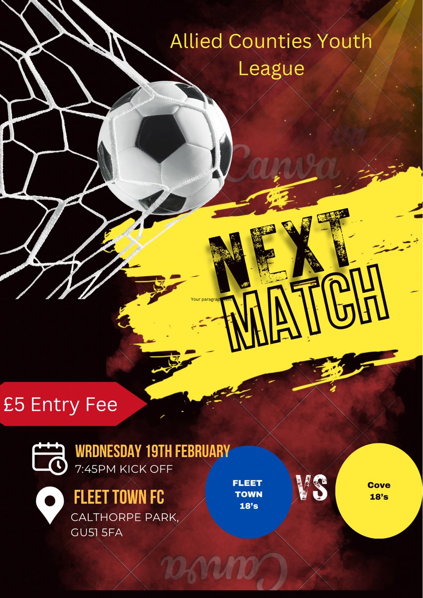 Looking to bounce back from the last game in which we were defeated by Knaphill. 
Come and get behind the lads!! 

<a href="/CoveFC_Official/">Cove Football Club</a> 
<a href="/FleetTownU18/">Fleet Town FC U18’s</a> 
<a href="/ACYFLofficial/">Allied Counties Youth League</a>
