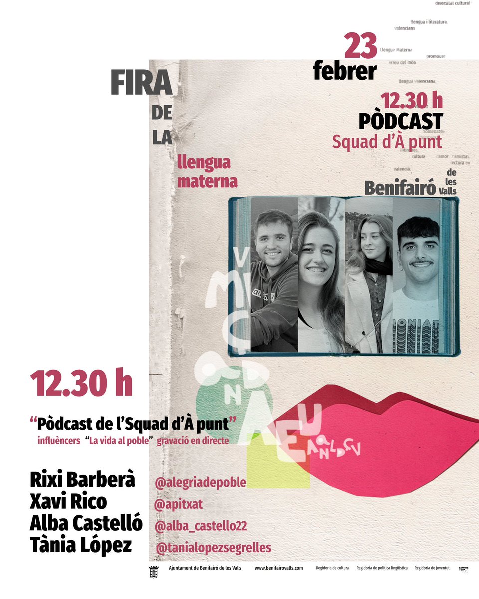 🎙️Diumenge a les 12.30h dins la programació de la ‘Fira de la Llengua Materna’ de Benifairó de les Valls <a href="/lsquad_apunt/">L'Squad d'À Punt</a> estarà amb el seu xou en viu a la Plaça de l’Ajuntament xarrant sobre la vida al poble amb <a href="/Alba_castello22/">Alba Castelló</a> <a href="/alegriadepoble1/">alegriadepoble</a> <a href="/Tanialopezse/">Tania Lopez Segrelles</a> i <a href="/ApitxatTiktok/">Apitxat</a>🎙️