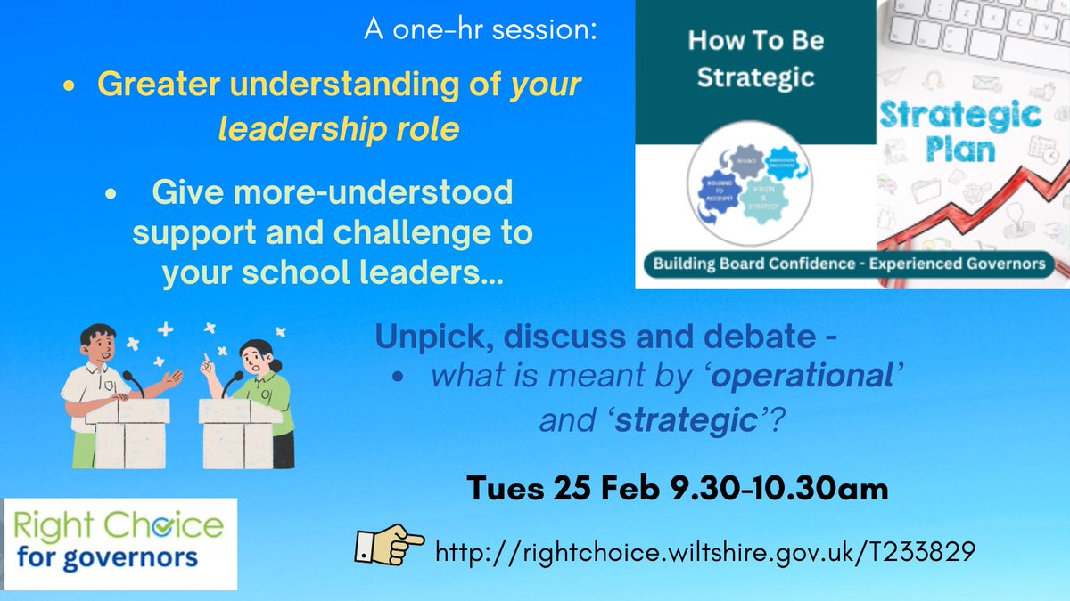 Wiltshire School Governance Service @Wiltsgovs (@wiltsgovs) on Twitter photo Governors - Enhance your awareness of how to be Strategic as a Governor or Trustee, while working with your school leaders - to really make a difference! Join this short session on Tues 25th Feb, 9.30-10.30▶️rightchoice.wiltshire.gov.uk/T233929
<a href="/RChoiceWilts/">Right Choice Wiltshire</a> <a href="/wiltsga/">Wiltshire Governors' Association</a> Governors - Enhance your awareness of how to be Strategic as a Governor or Trustee, while working with your school leaders - to really make a difference! Join this short session on Tues 25th Feb, 9.30-10.30▶️rightchoice.wiltshire.gov.uk/T233929
<a href="/RChoiceWilts/">Right Choice Wiltshire</a> <a href="/wiltsga/">Wiltshire Governors' Association</a>