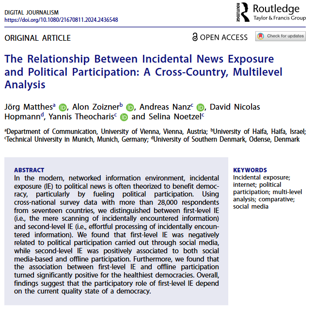 Advertising & Media Psychology (U of Vienna) (@adme_univie) on Twitter photo 📢 Publication 📢
Jörg Matthes, <a href="/alonzoizner/">Alon Zoizner</a>, <a href="/AndreasNanz/">Andreas Nanz</a>, David Nicolas Hopmann, Yannis Theocharis, & Selina Noetzel report findings from a 17-country survey about incidental political news exposure & both online and offline political participation.
👉🏼doi.org/10.1080/216708… 📢 Publication 📢
Jörg Matthes, <a href="/alonzoizner/">Alon Zoizner</a>, <a href="/AndreasNanz/">Andreas Nanz</a>, David Nicolas Hopmann, Yannis Theocharis, & Selina Noetzel report findings from a 17-country survey about incidental political news exposure & both online and offline political participation.
👉🏼doi.org/10.1080/216708…
